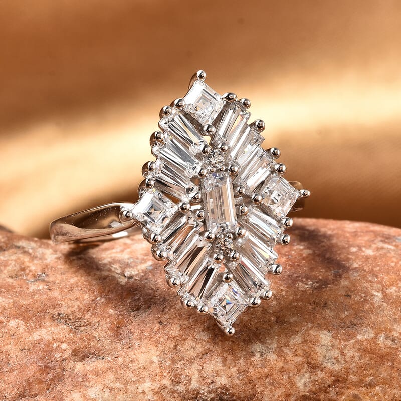 Lustro Stella Made with Finest CZ Elongated Ring in Rhodium Over Sterling Silver (Size 10.0) 3.50 ctw