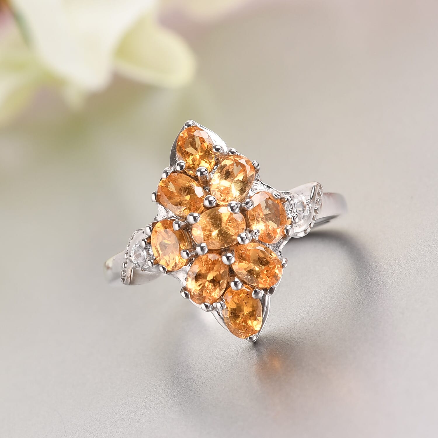 Buy Mandarin Garnet and White Zircon Ring in Platinum Over
