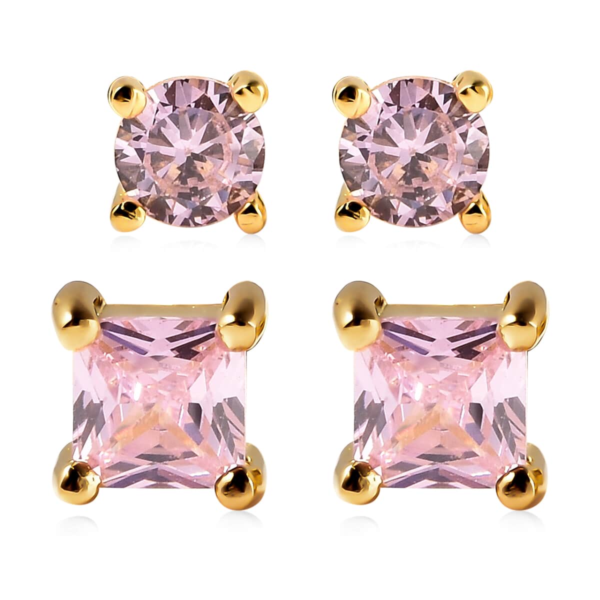 Simulated Pink Diamond Set of 2 Round &amp; Square Solitaire Stud Earrings in 14K YG Over Sterling Silver 1.00 ctw image number 0