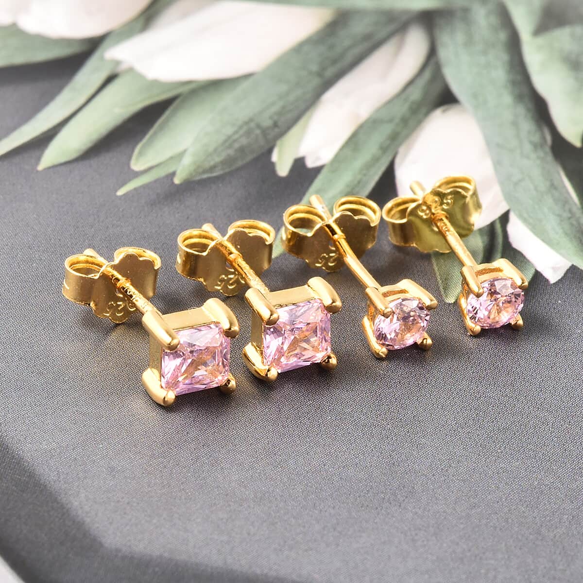 Simulated Pink Diamond Set of 2 Round & Square Solitaire Stud Earrings in 14K Yellow Gold Over Sterling Silver image number 1