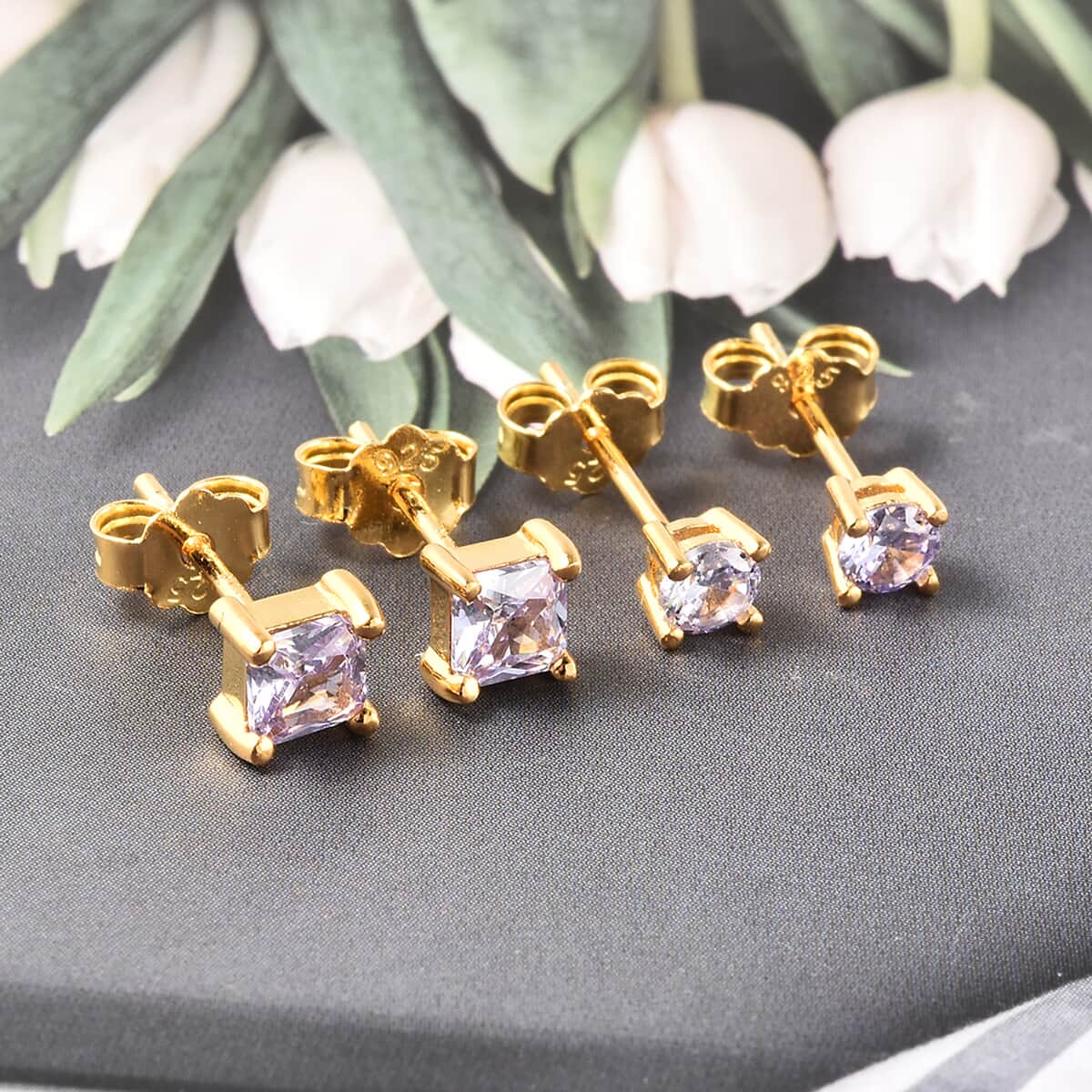 Simulated Lavender Diamond Set of 2 Round & Square Solitaire Stud Earrings in 14K Yellow Gold Over Sterling Silver image number 1