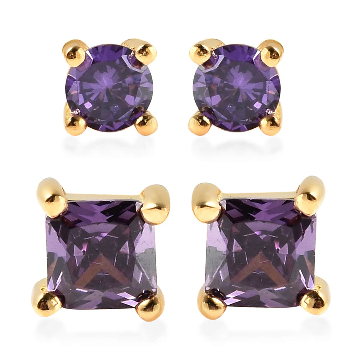 Simulated Amethyst Diamond Set of 2 Round & Square Solitaire Stud Earrings in 14K Yellow Gold Over Sterling Silver image number 0