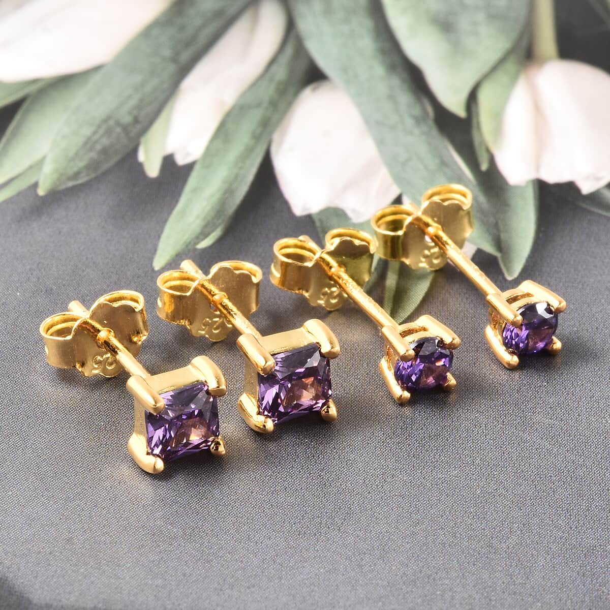 Simulated Amethyst Diamond Set of 2 Round & Square Solitaire Stud Earrings in 14K Yellow Gold Over Sterling Silver image number 1