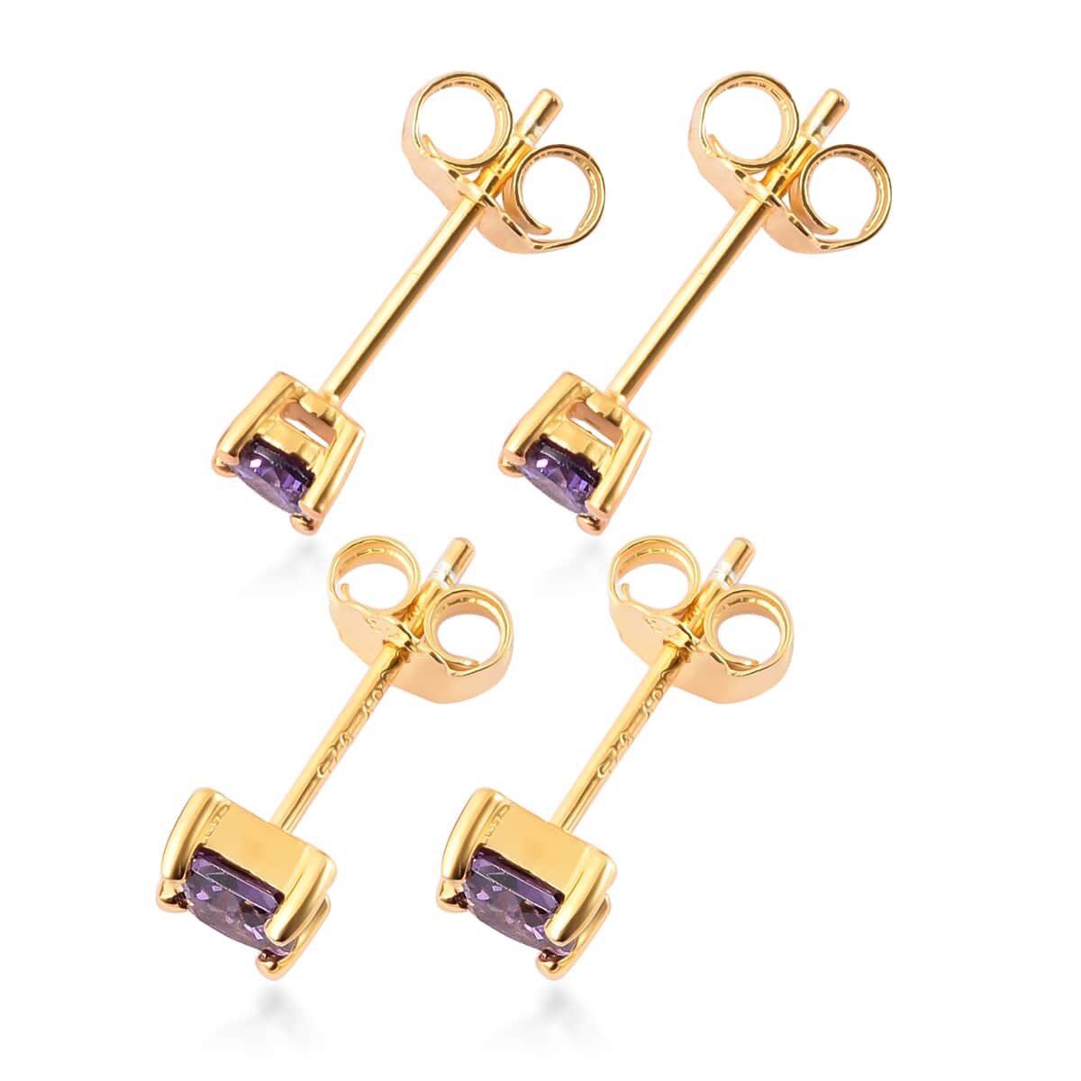 Simulated Amethyst Diamond Set of 2 Round & Square Solitaire Stud Earrings in 14K Yellow Gold Over Sterling Silver image number 2