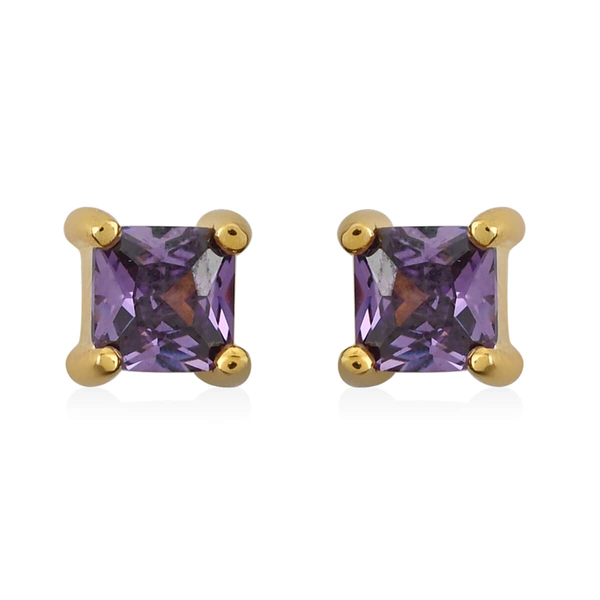Simulated Amethyst Diamond Set of 2 Round & Square Solitaire Stud Earrings in 14K Yellow Gold Over Sterling Silver image number 3