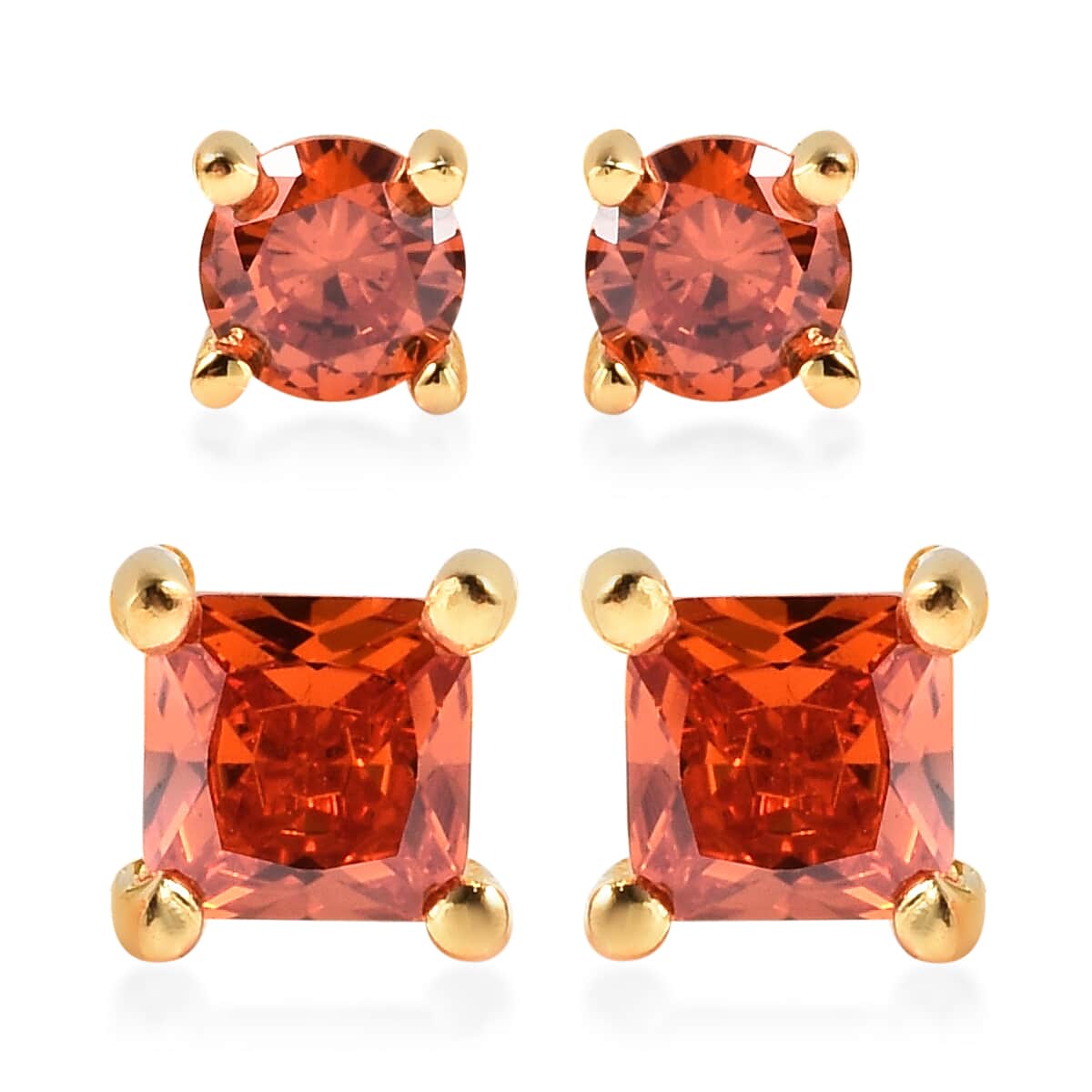 Simulated Orange Diamond Set of 2 Round & Square Solitaire Stud Earrings in 14K Yellow Gold Over Sterling Silver image number 0