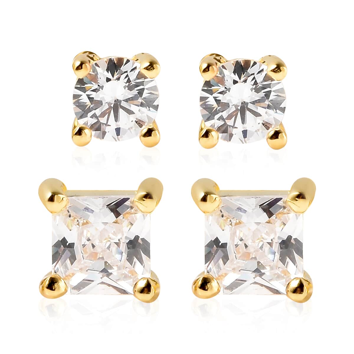 Simulated White Diamond Set of 2 Round & Square Solitaire Stud Earrings in 14K Yellow Gold Over Sterling Silver image number 0