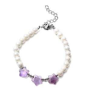 Amethyst 10.50 ctw and White Shell Pearl Orion Belt Theme Bracelet in Stainless Steel (7.50 In)
