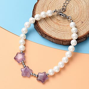 Amethyst 10.50 ctw and White Shell Pearl Orion Belt Theme Bracelet in Stainless Steel (7.50 In)