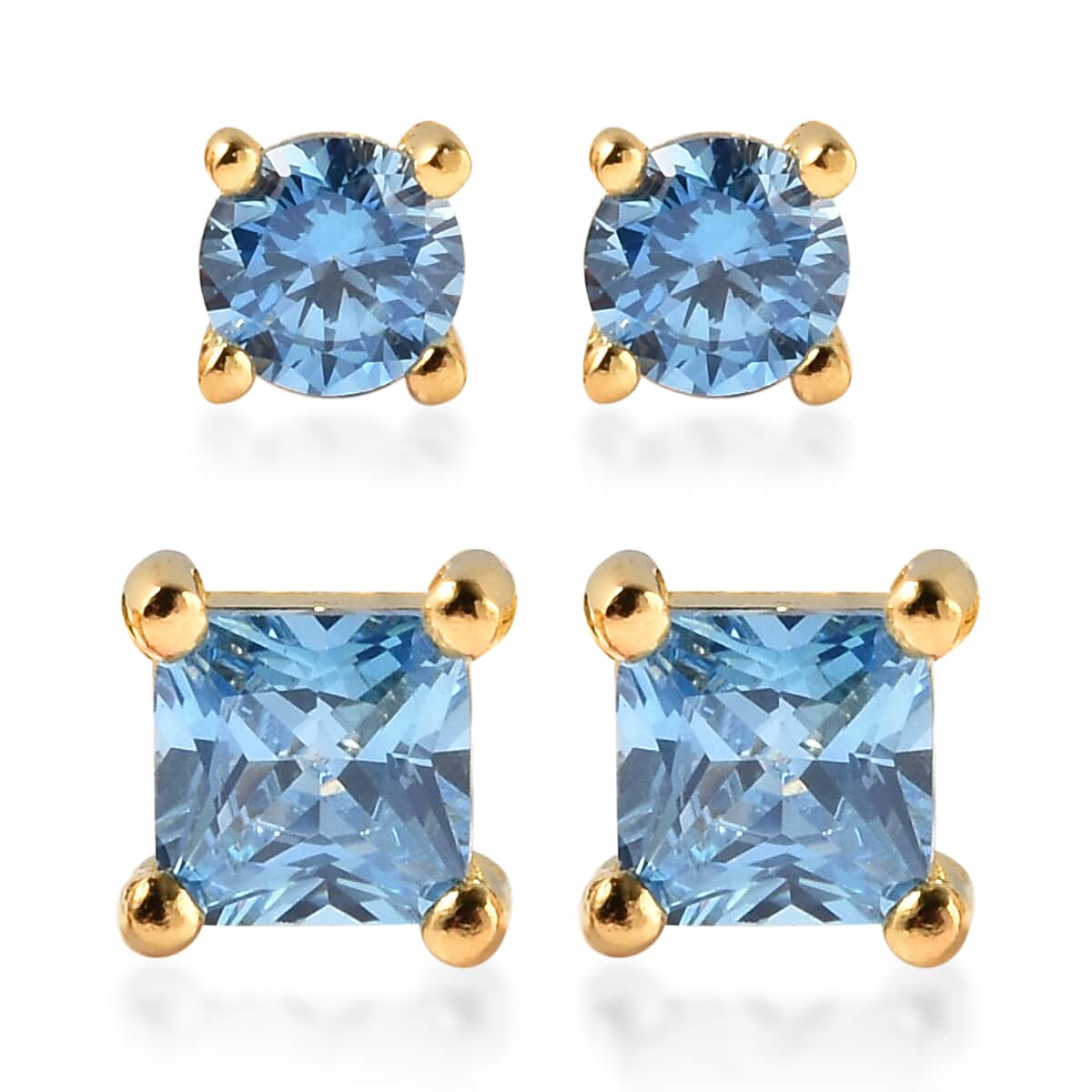 Simulated Aquamarine Diamond Set of 2 Round & Square Solitaire Stud Earrings in 14K Yellow Gold Over Sterling Silver image number 0