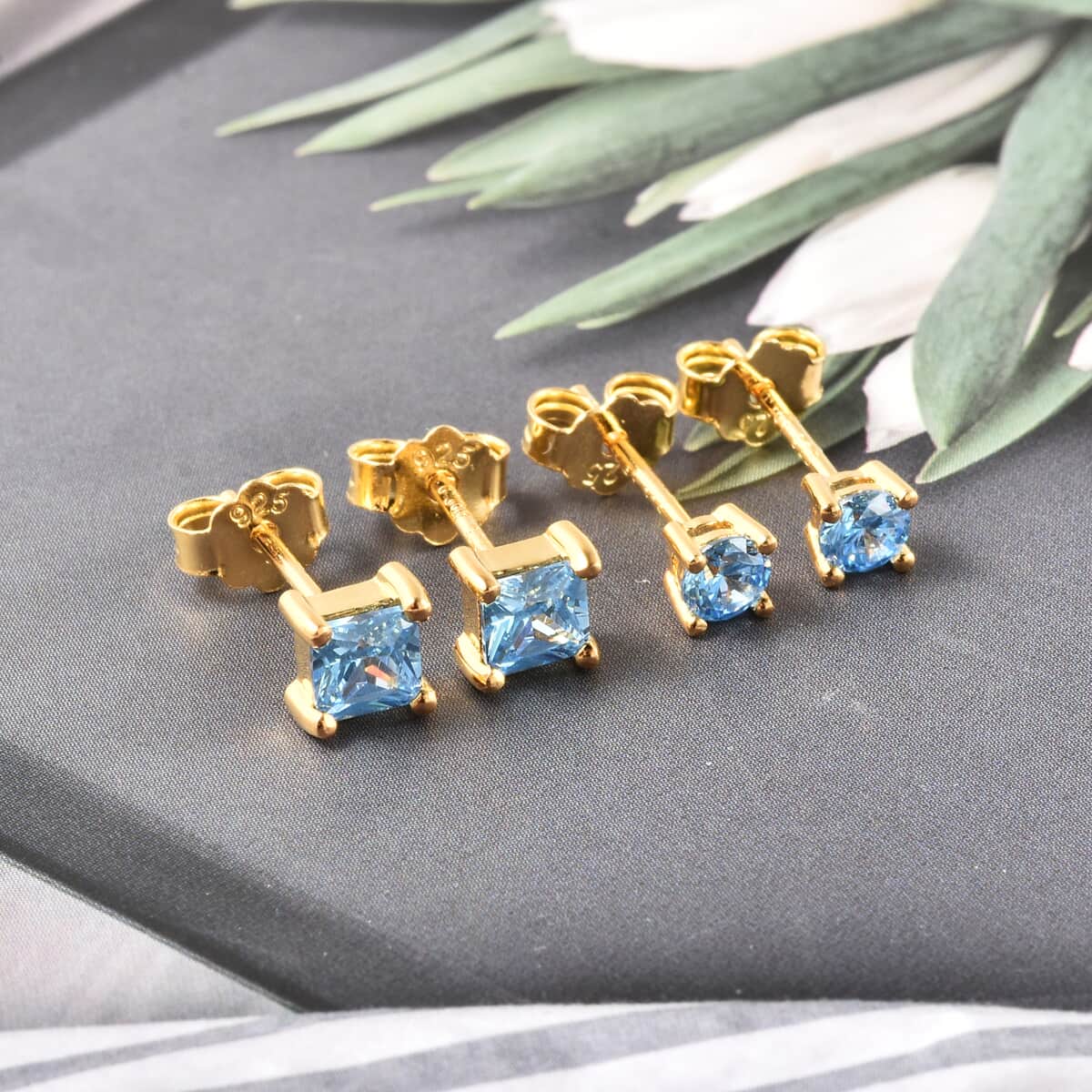 Simulated Aquamarine Diamond Set of 2 Round & Square Solitaire Stud Earrings in 14K Yellow Gold Over Sterling Silver image number 1