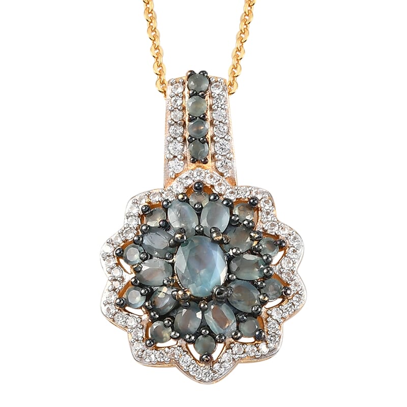 Narsipatnam Alexandrite and White Zircon Floral Pendant Necklace 20 Inches in Rhodium and Vermeil Yellow Gold Over Sterling Silver 1.70 ctw