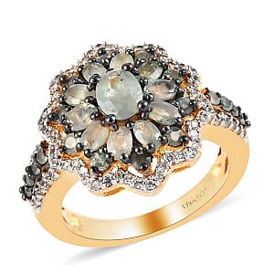 Narsipatnam Alexandrite and Natural White Zircon Floral Ring in Rhodium and Vermeil Yellow Gold Over Sterling Silver (Size 6.0) 2.25 ctw