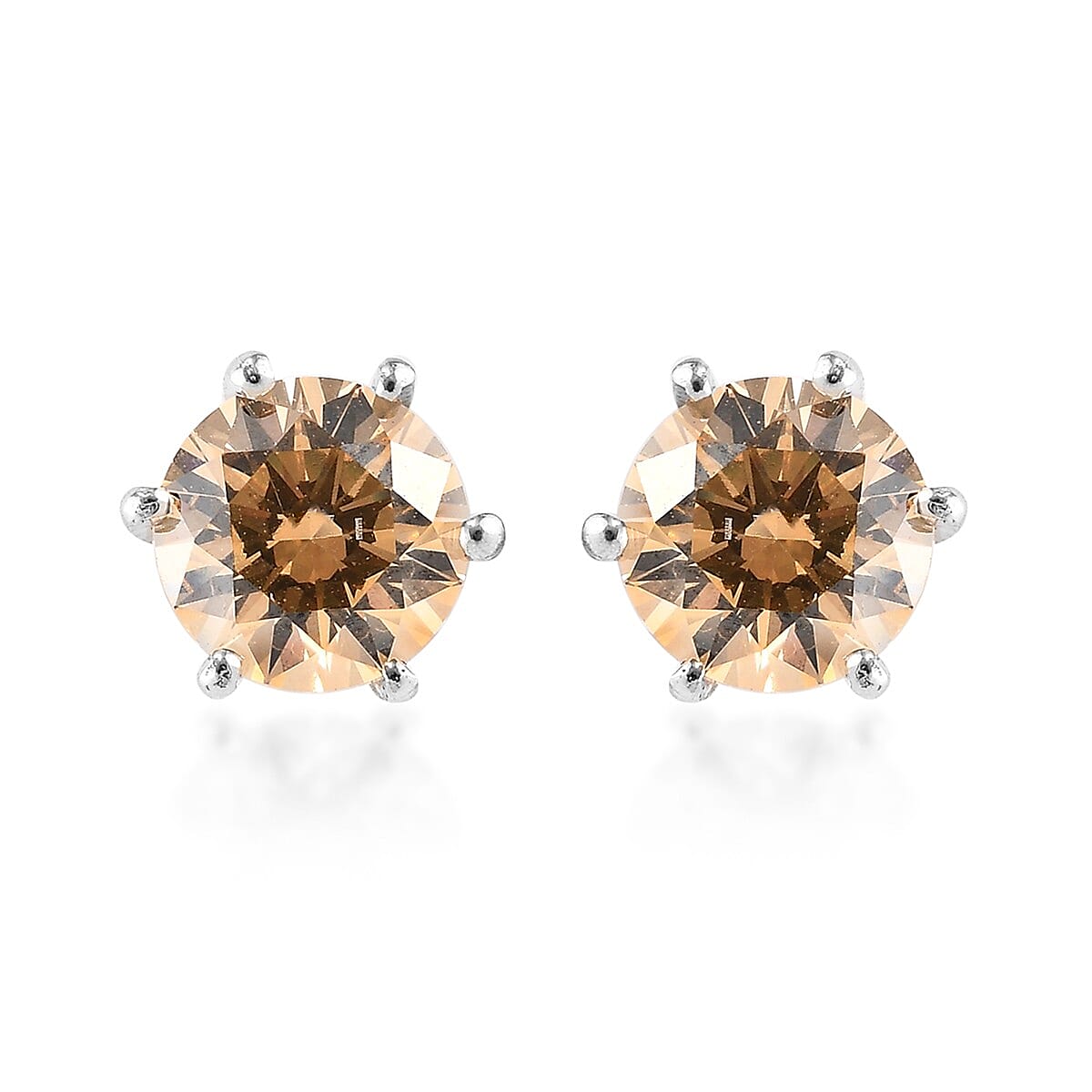 Amber Color Crystal Solitaire Stud Earrings in Platinum Over Sterling Silver