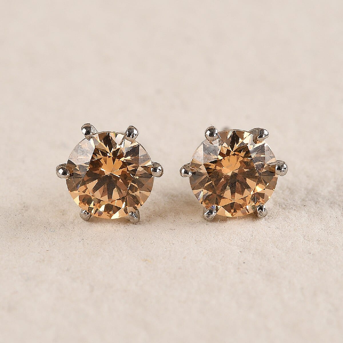 Amber Color Crystal Solitaire Stud Earrings in Platinum Over Sterling Silver