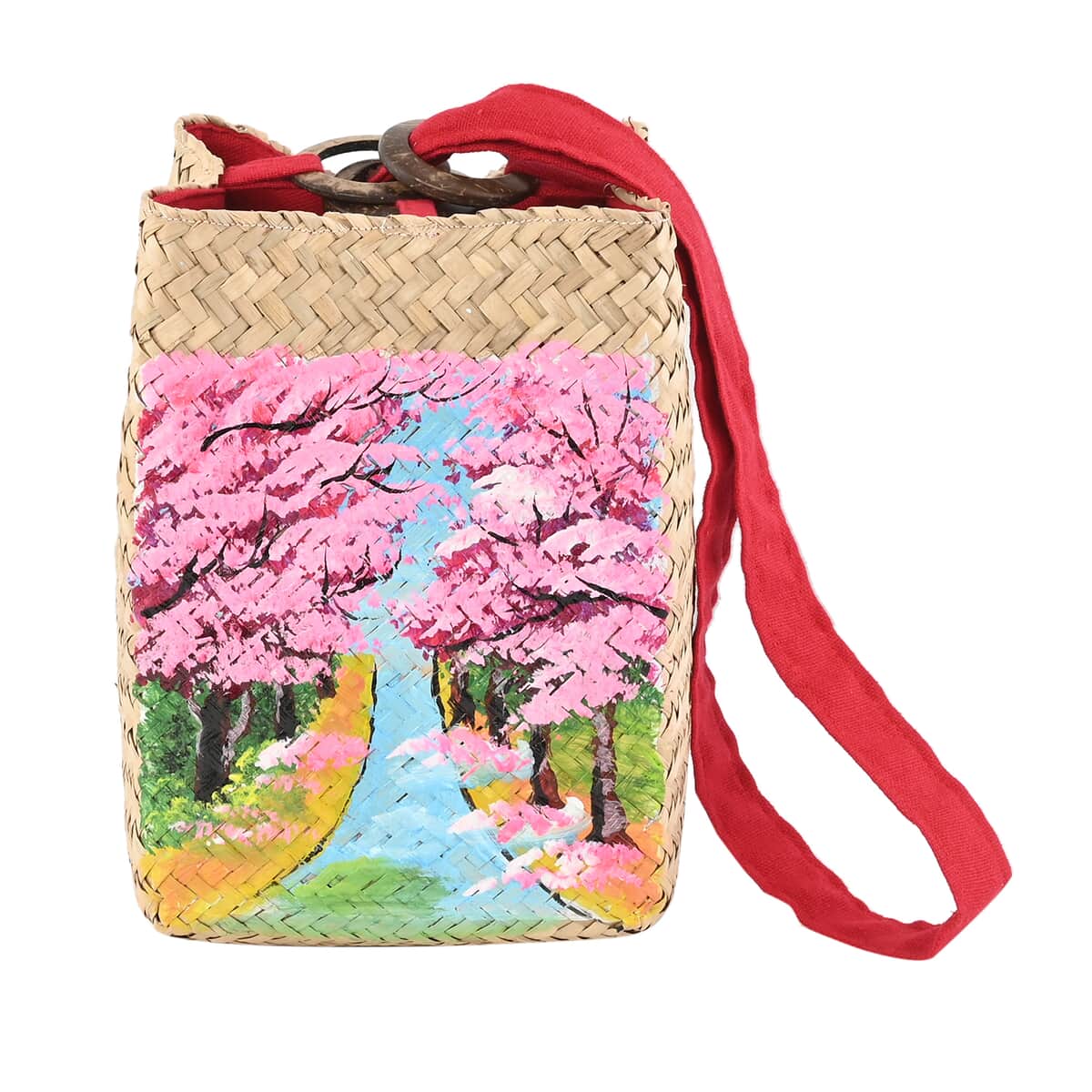 Gorgeous Cherry Trees Pattern Hand Painted Seagrass Purse image number 0