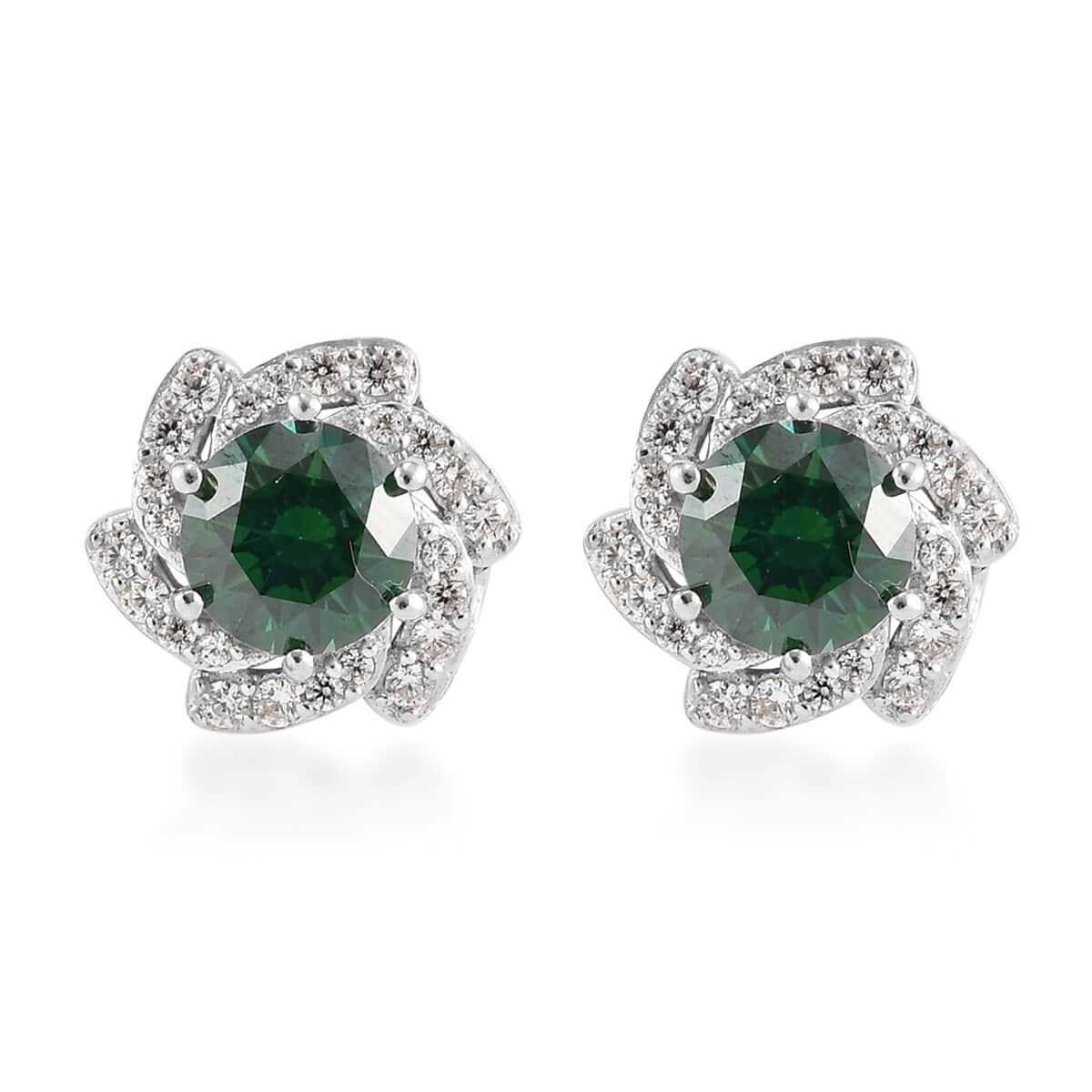 Lustro Stella Made with Finest Green and White CZ Stud Earrings in Platinum Over Sterling Silver 3.40 ctw image number 0