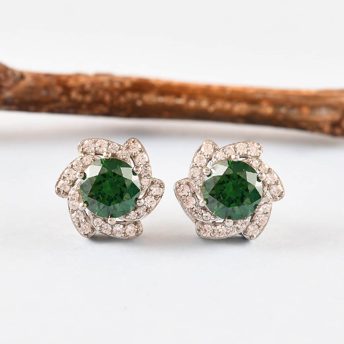 Lustro Stella Made with Finest Green and White CZ Stud Earrings in Platinum Over Sterling Silver 3.40 ctw image number 1