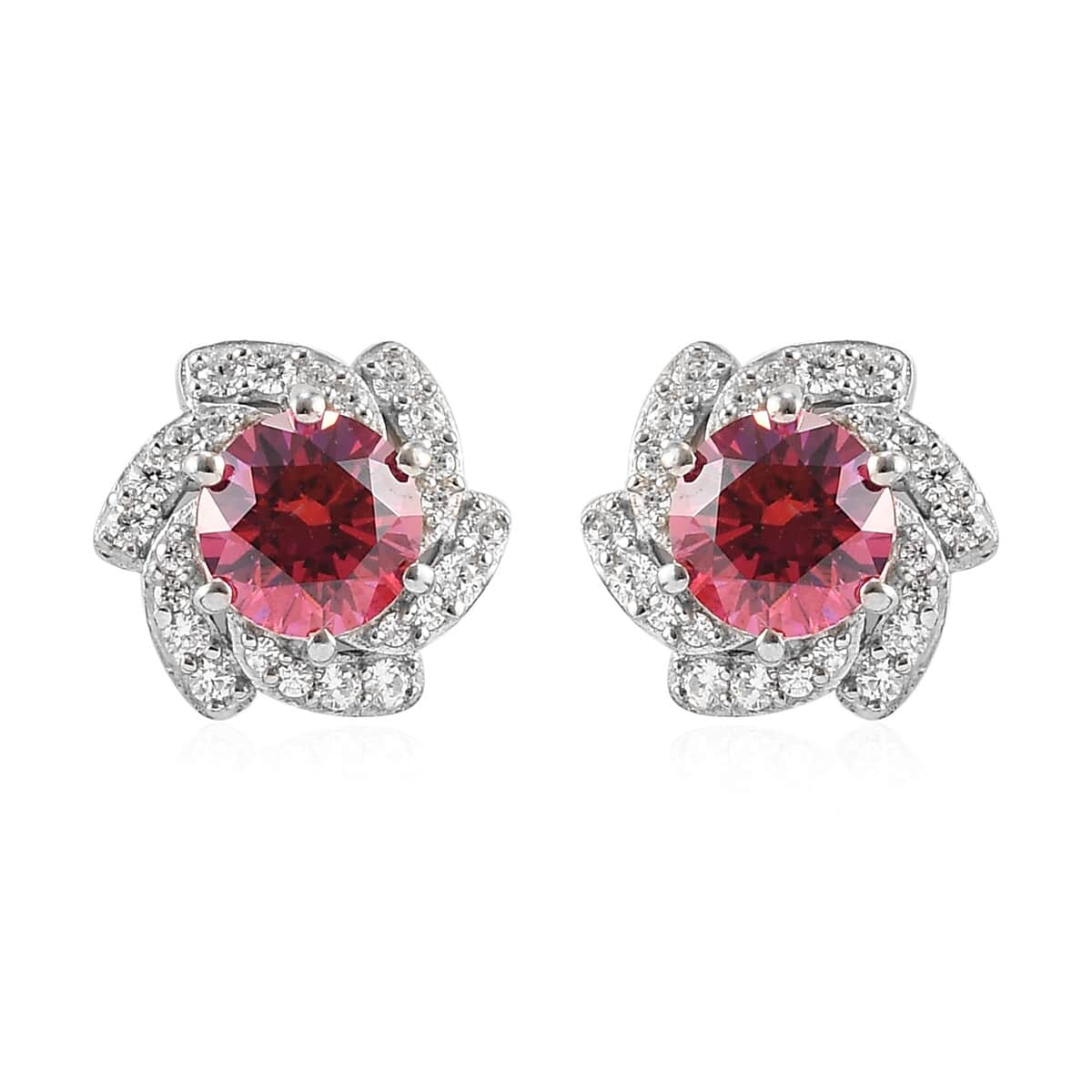 Lustro Stella Made with Finest Red and White Color CZ Stud Earrings in Platinum Over Sterling Silver 3.35 ctw image number 0