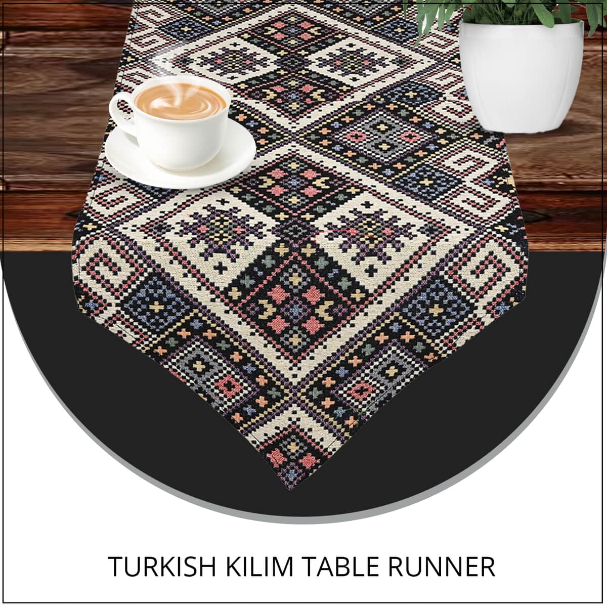 Kilim Pattern Poly Cotton Multi Color Table Runner 65% Cotton & 35% Polyester, Washable Runner Rugs, Wrinkle Resistant Table Linen image number 1