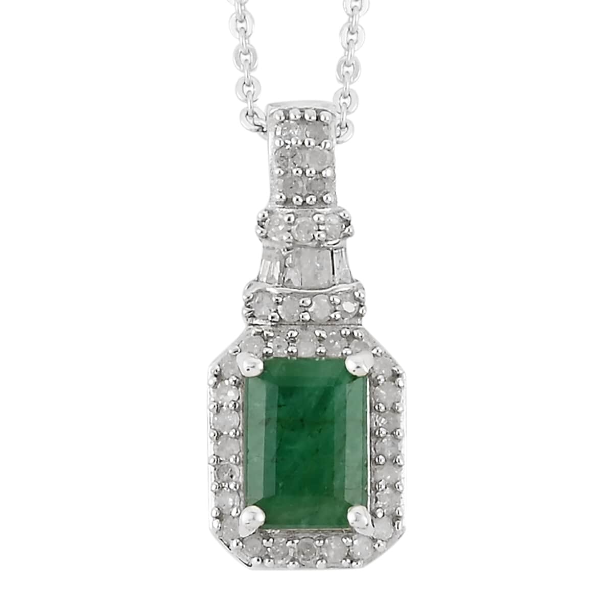 Premium Kagem Zambian Emerald and Diamond Pendant Necklace 20 Inches in Platinum Over Sterling Silver 1.20 ctw image number 0