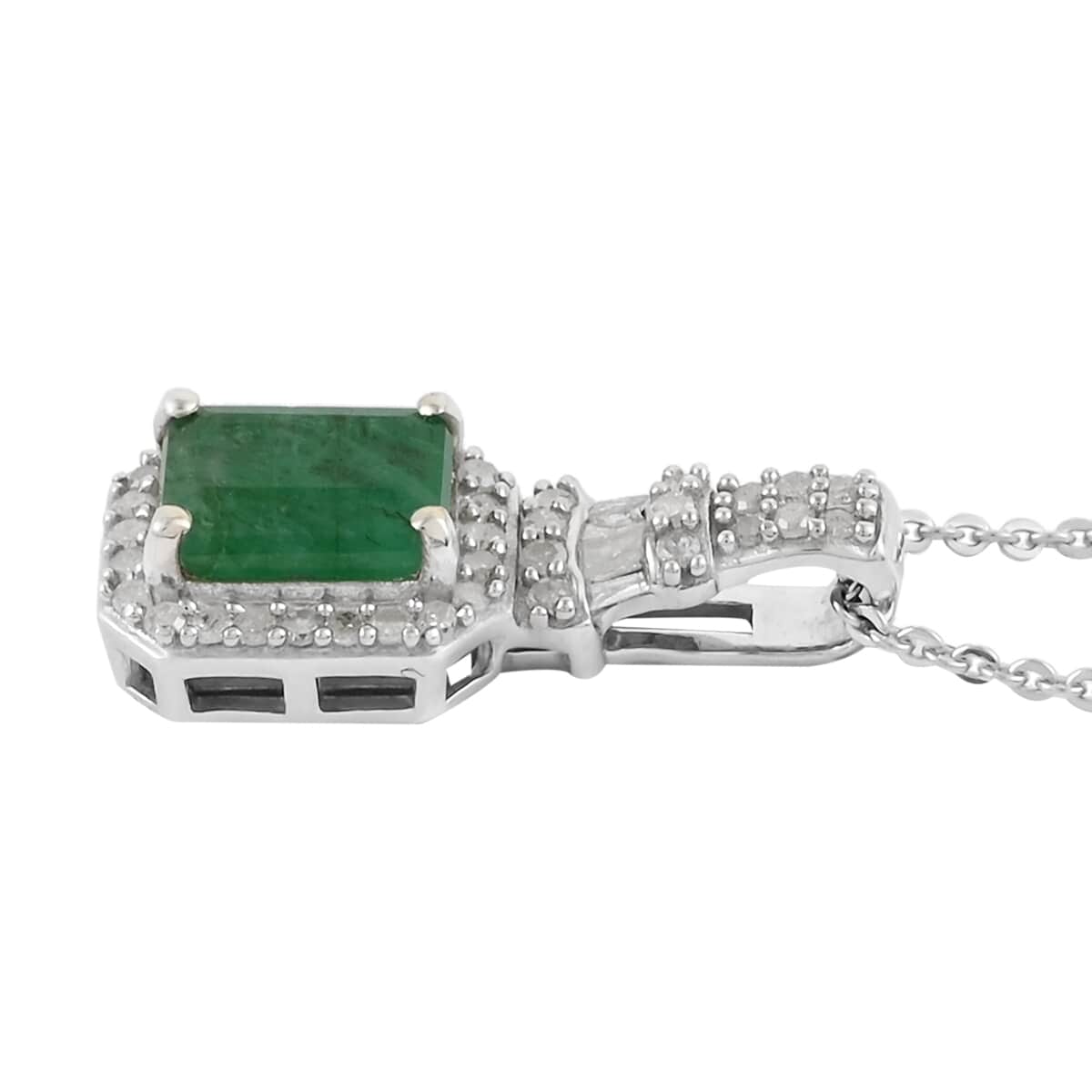 Premium Kagem Zambian Emerald and Diamond Pendant Necklace 20 Inches in Platinum Over Sterling Silver 1.20 ctw image number 2