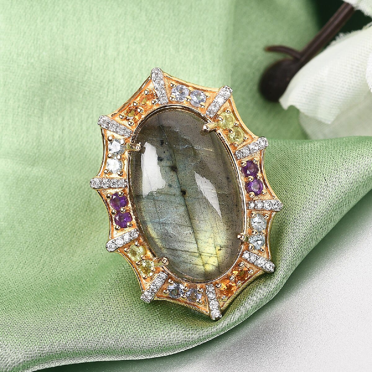 Malagasy Labradorite and Multi Gemstone Ring in Vermeil Yellow Gold Over Sterling Silver (Size 7.0) 9.50 Grams 22.70 ctw image number 1