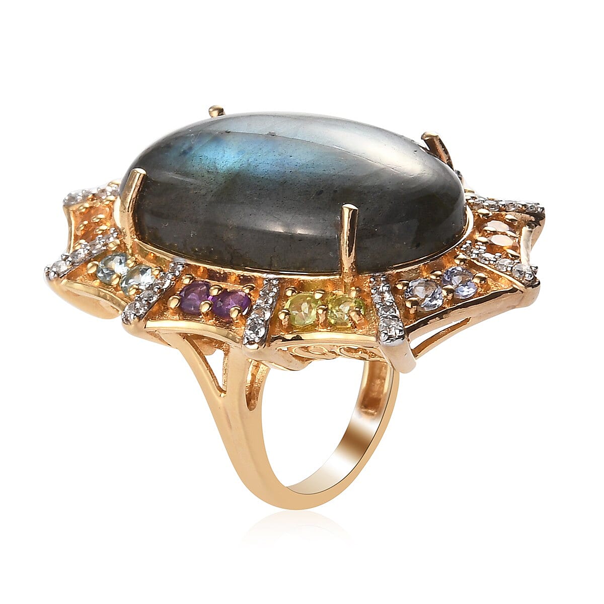 Malagasy Labradorite and Multi Gemstone Ring in Vermeil Yellow Gold Over Sterling Silver (Size 7.0) 9.50 Grams 22.70 ctw image number 3
