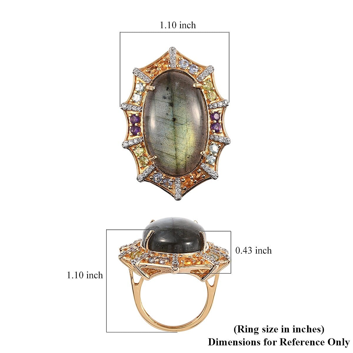 Malagasy Labradorite and Multi Gemstone Ring in Vermeil Yellow Gold Over Sterling Silver (Size 7.0) 9.50 Grams 22.70 ctw image number 5