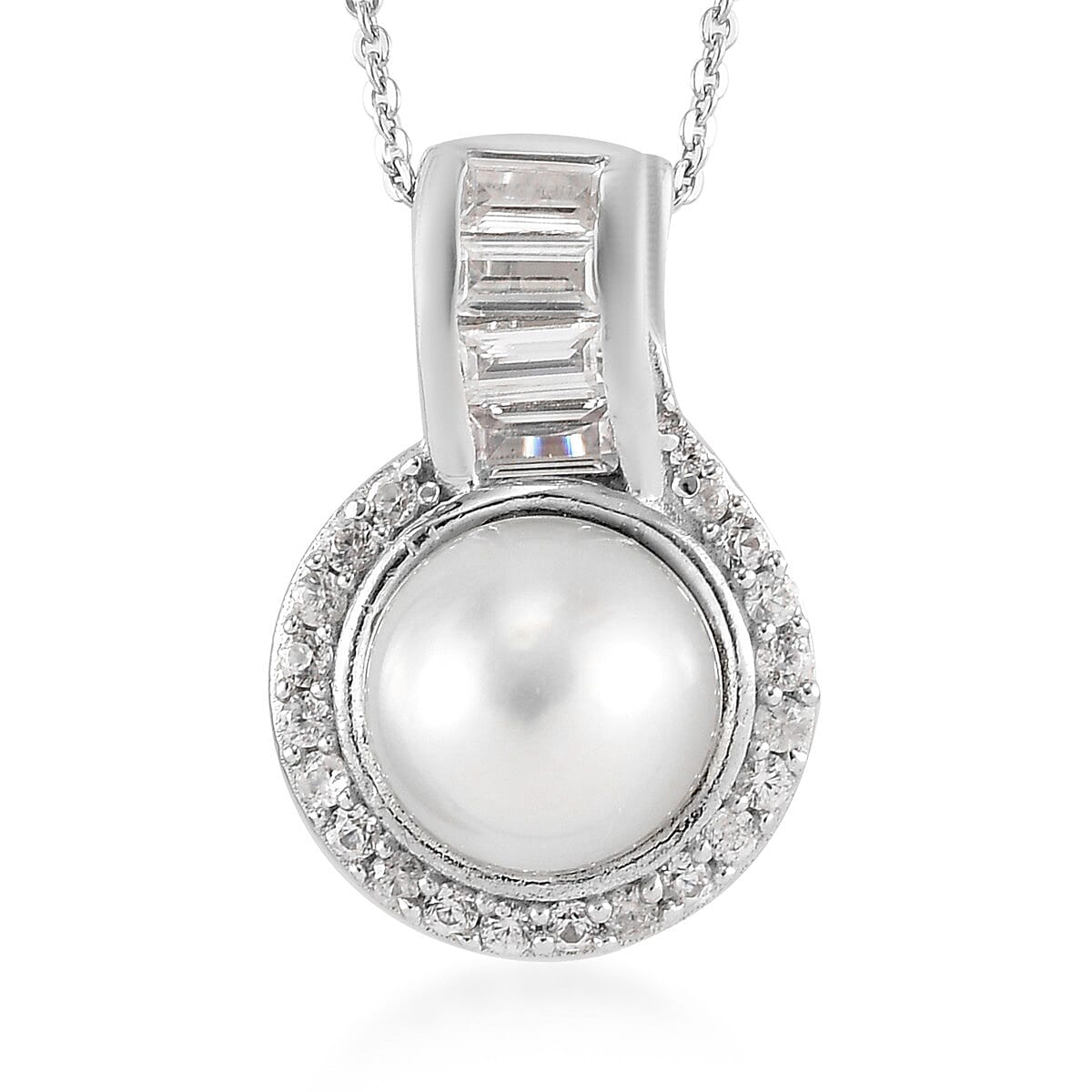 South Sea White Cultured Pearl 10.5-11.5mm, Natural White Zircon Pendant Necklace 20 Inches in Platinum Over Sterling Silver 0.90 ctw