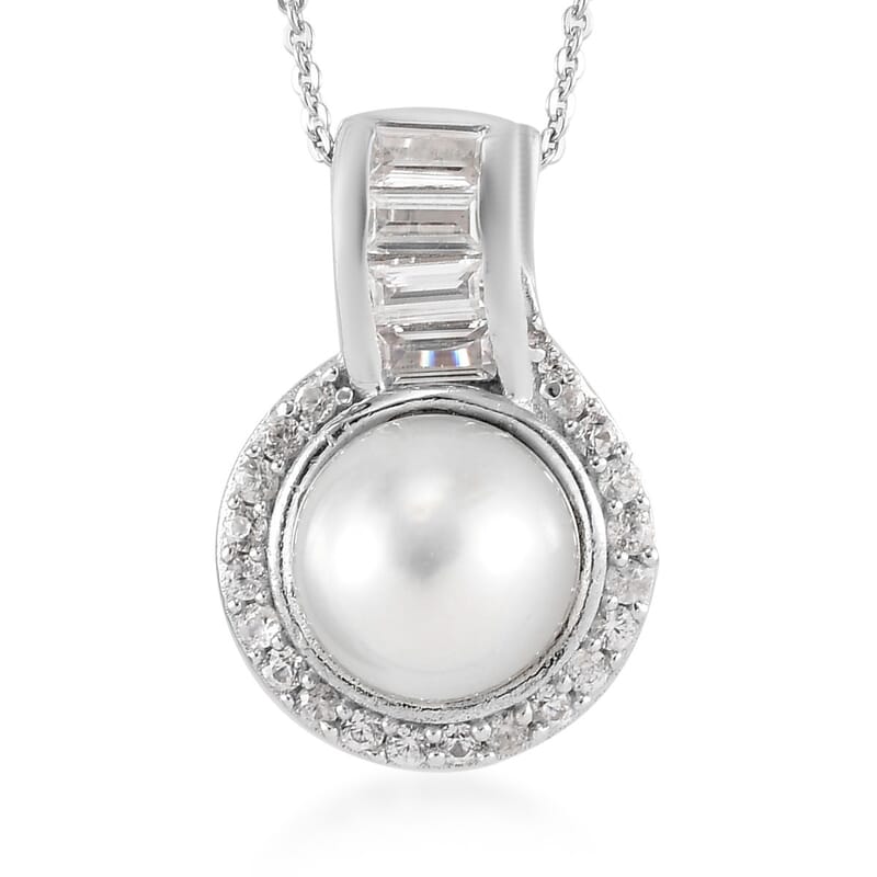 South Sea White Cultured Pearl 10.5-11.5mm, Natural White Zircon Pendant Necklace 20 Inches in Platinum Over Sterling Silver 0.90 ctw