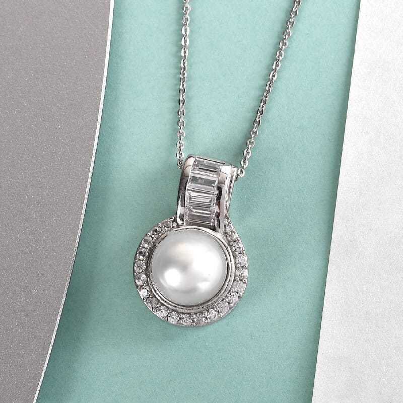 South Sea White Cultured Pearl 10.5-11.5mm, Natural White Zircon Pendant Necklace 20 Inches in Platinum Over Sterling Silver 0.90 ctw