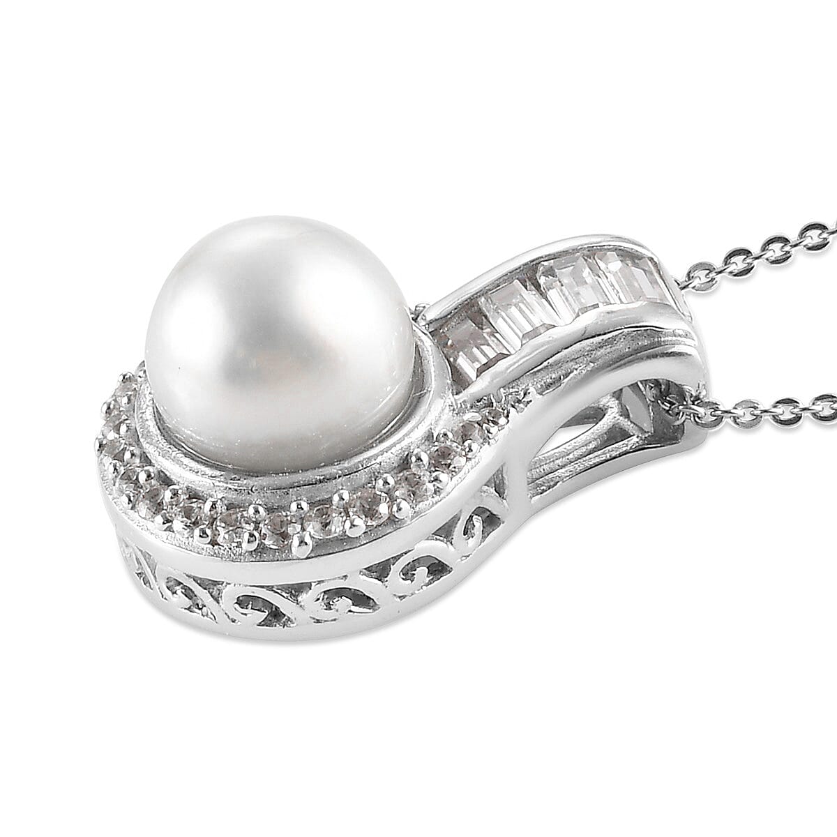 South Sea White Cultured Pearl 10.5-11.5mm, Natural White Zircon Pendant Necklace 20 Inches in Platinum Over Sterling Silver 0.90 ctw