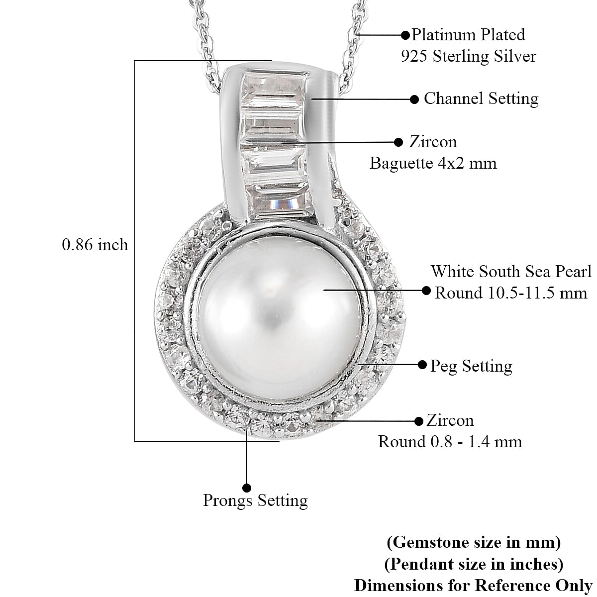 South Sea White Cultured Pearl 10.5-11.5mm, Natural White Zircon Pendant Necklace 20 Inches in Platinum Over Sterling Silver 0.90 ctw