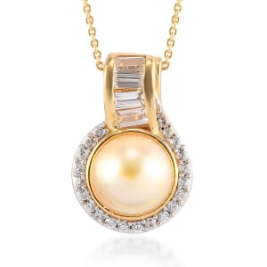 South Sea Pearl 10.5-11.5mm, Natural White Zircon Pendant Necklace 20 Inches in Vermeil Yellow Gold Over Sterling Silver 0.90 ctw