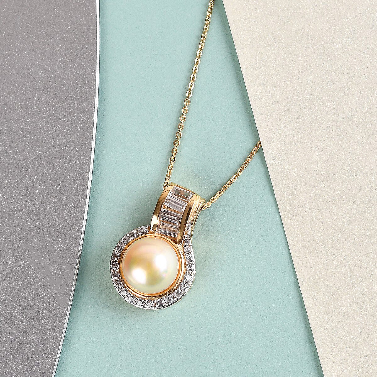South Sea Pearl 10.5-11.5mm, Natural White Zircon Pendant Necklace 20 Inches in Vermeil Yellow Gold Over Sterling Silver 0.90 ctw