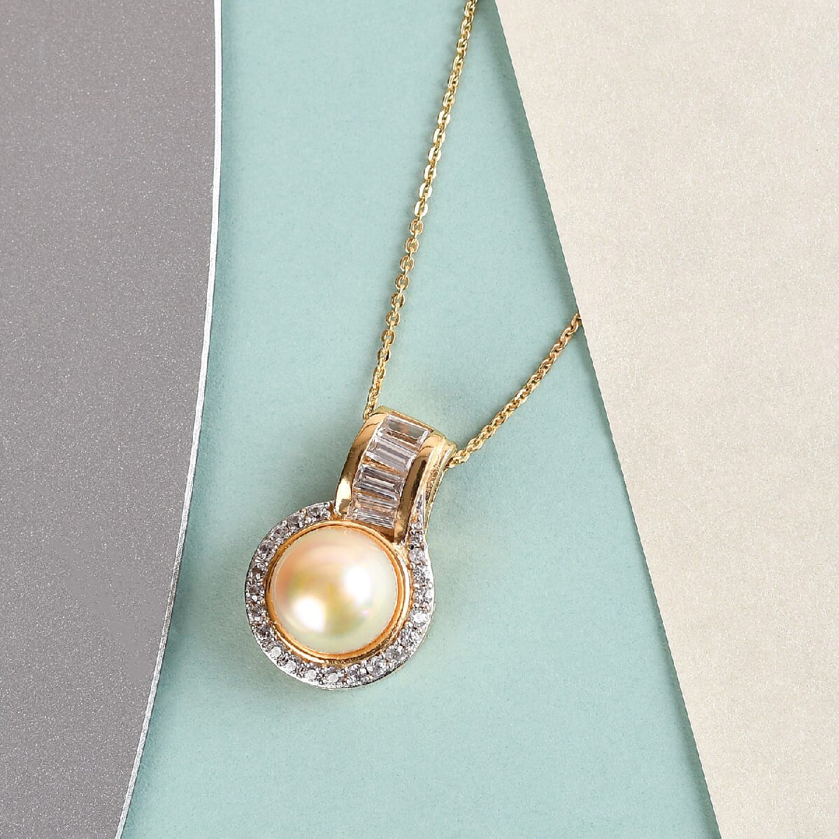 South Sea Pearl 10.5-11.5mm, Natural White Zircon Pendant Necklace 20 Inches in Vermeil Yellow Gold Over Sterling Silver 0.90 ctw image number 1