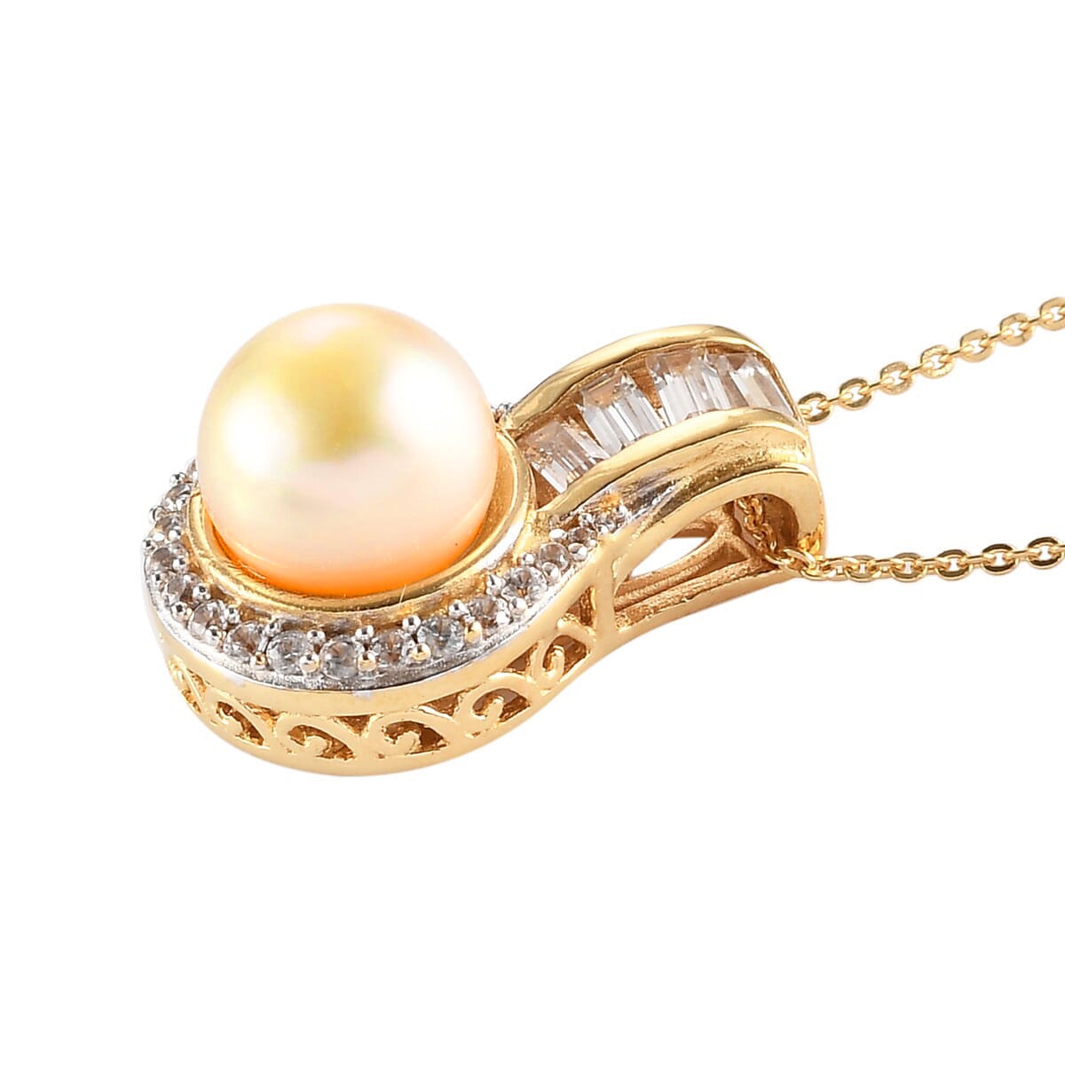 South Sea Pearl 10.5-11.5mm, Natural White Zircon Pendant Necklace 20 Inches in Vermeil Yellow Gold Over Sterling Silver 0.90 ctw image number 3