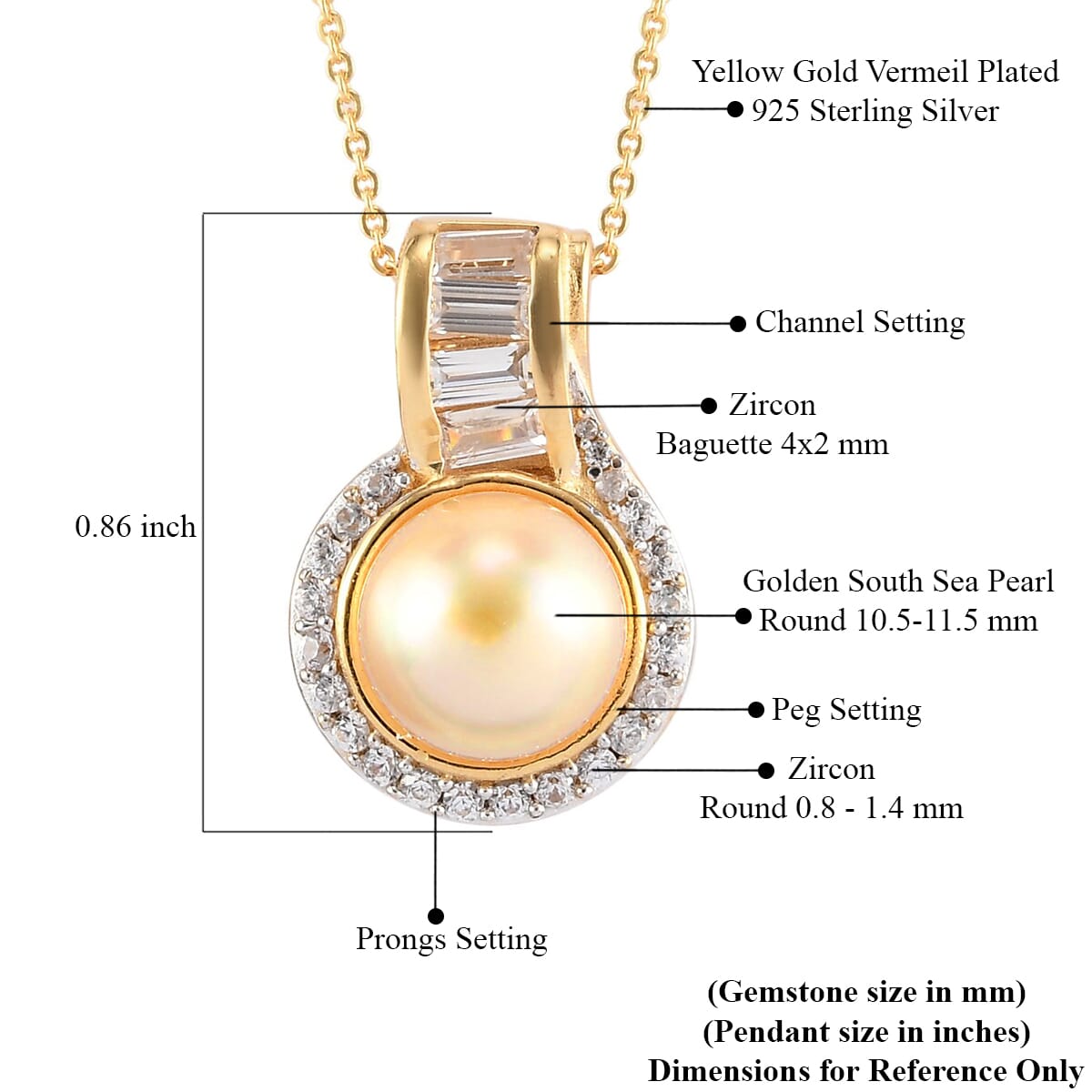South Sea Pearl 10.5-11.5mm, Natural White Zircon Pendant Necklace 20 Inches in Vermeil Yellow Gold Over Sterling Silver 0.90 ctw image number 5