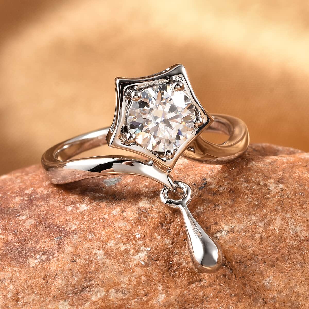 LucyQ Moissanite Sparkling Star Ring in Rhodium Over Sterling Silver (Size 7.0) 0.85 ctw image number 1