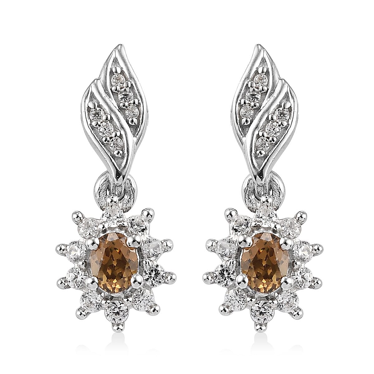 Natural Ambanja Champagne Demantoid Garnet and Zircon Sunburst Dangle Earrings in Platinum Over Sterling Silver 0.90 ctw