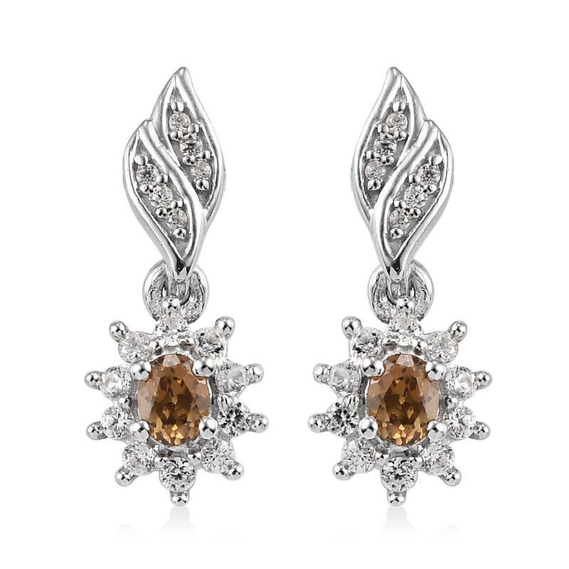 Natural Ambanja Champagne Demantoid Garnet and Zircon Sunburst Dangle Earrings in Platinum Over Sterling Silver 0.90 ctw