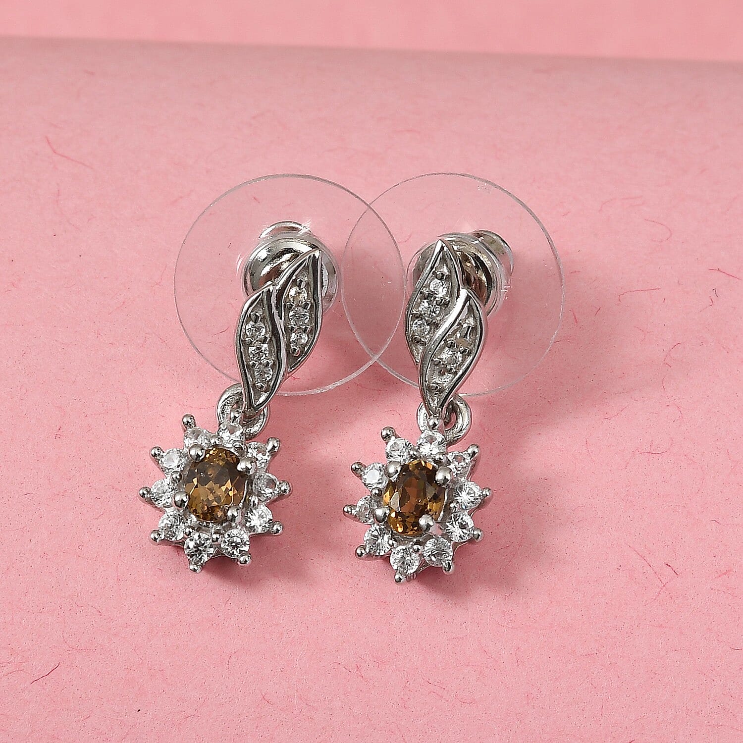 Natural Ambanja Champagne Demantoid Garnet and Zircon Sunburst Dangle Earrings in Platinum Over Sterling Silver 0.90 ctw
