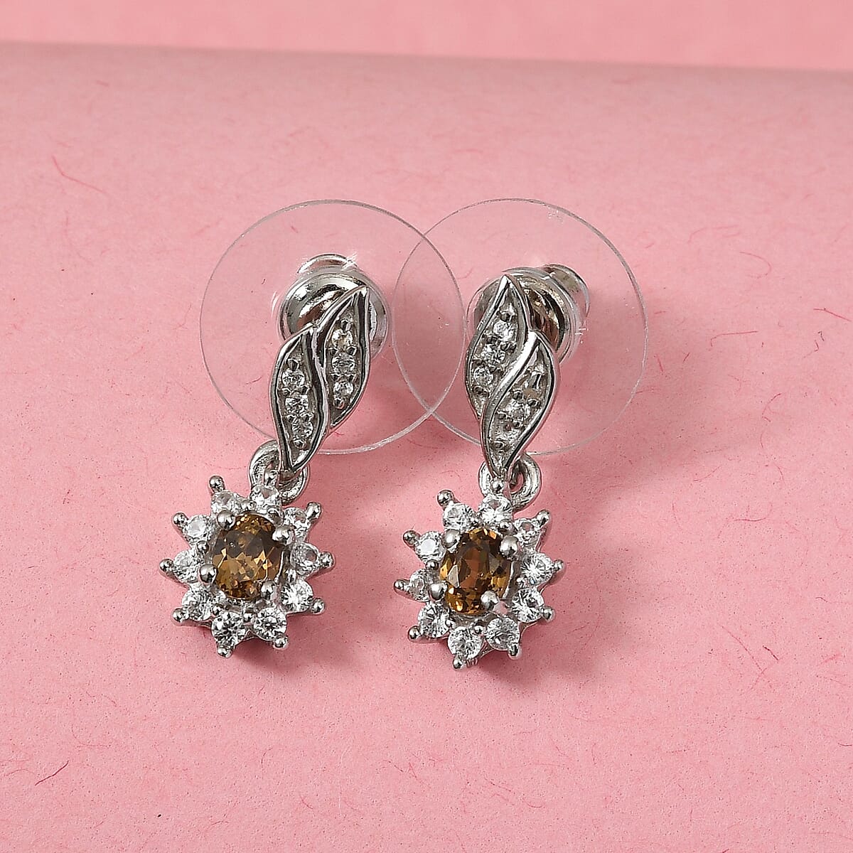 Natural Ambanja Champagne Demantoid Garnet and Zircon Sunburst Dangle Earrings in Platinum Over Sterling Silver 0.90 ctw image number 1