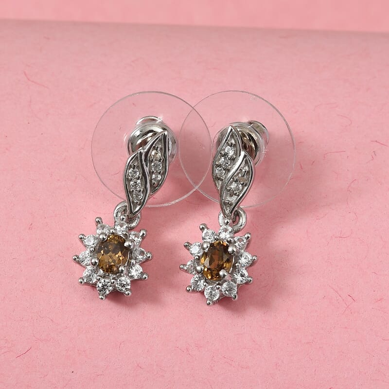 Natural Ambanja Champagne Demantoid Garnet and Zircon Sunburst Dangle Earrings in Platinum Over Sterling Silver 0.90 ctw