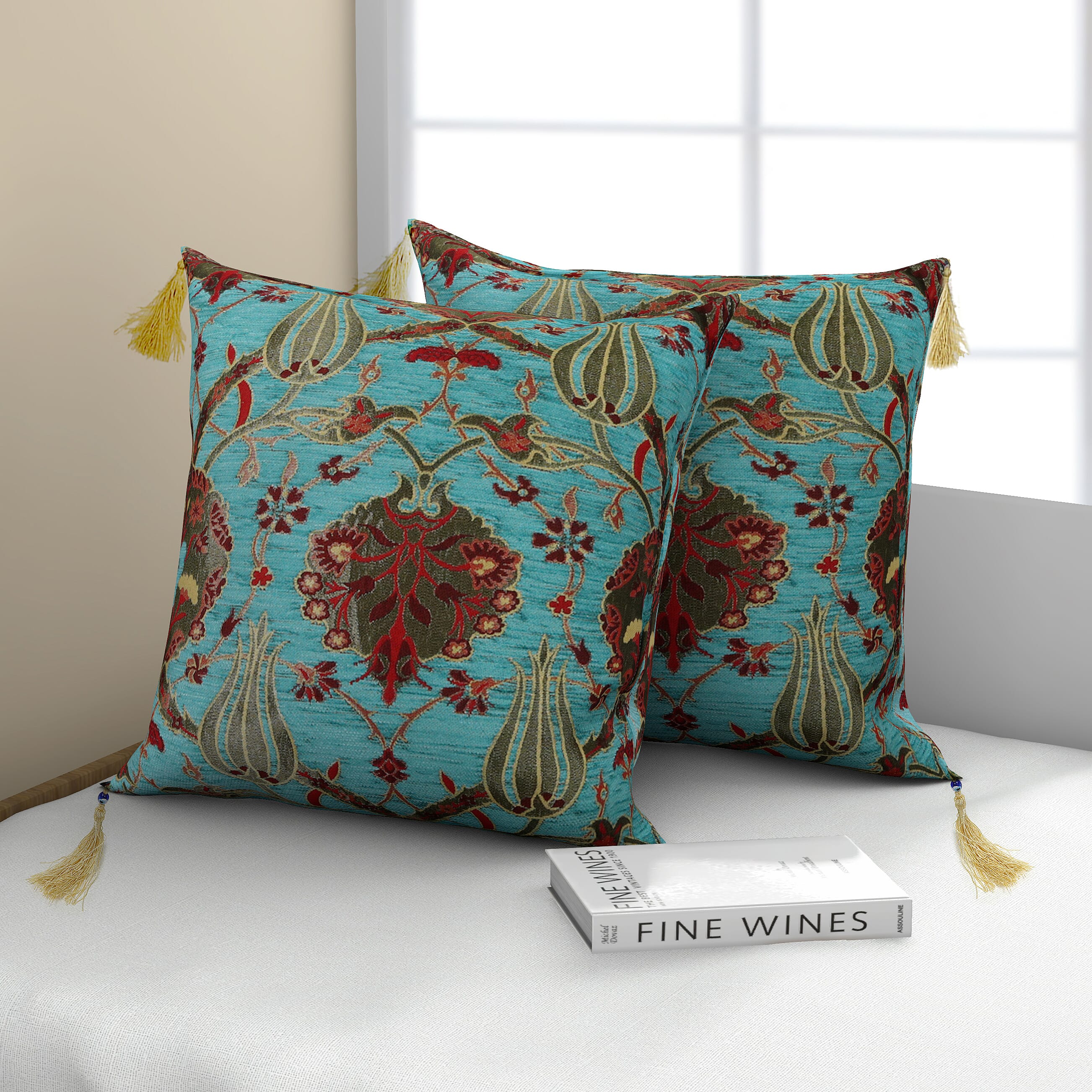 Set of 2 Blue & Red Turkish Handmade Double Sided Cushion Cover