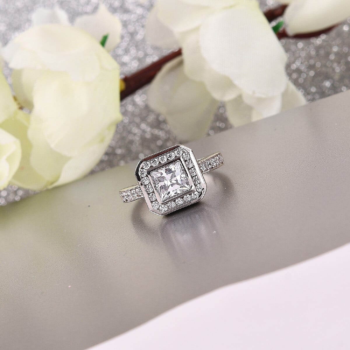 Lustro Stella Made with Finest CZ Halo Ring in Platinum Over Sterling Silver (Size 7.0) 3.00 ctw image number 1