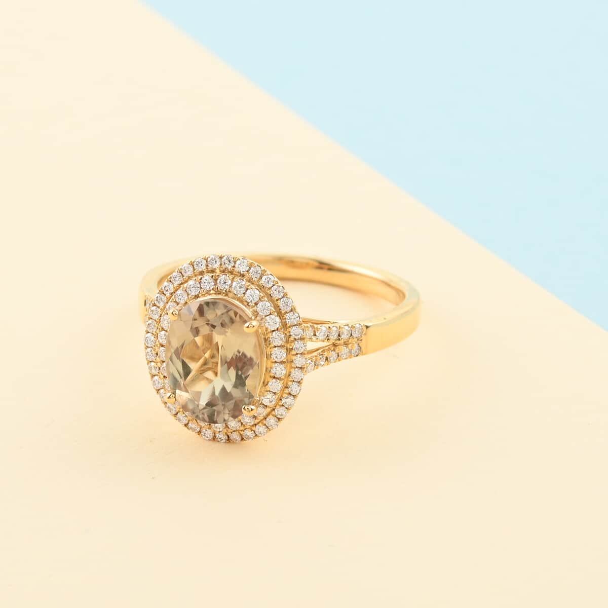ILIANA 18K Yellow Gold AAAA Turkizite and G-H SI Diamond Double Halo Ring (Size 6.0) 4.45 Grams 2.60 ctw image number 1