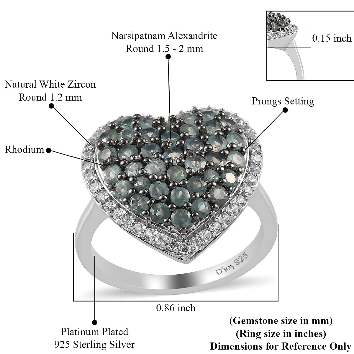 Narsipatnam Alexandrite and White Zircon Heart Shape Cluster Ring in Rhodium & Platinum Over Sterling Silver (Size 10.0) 1.90 ctw