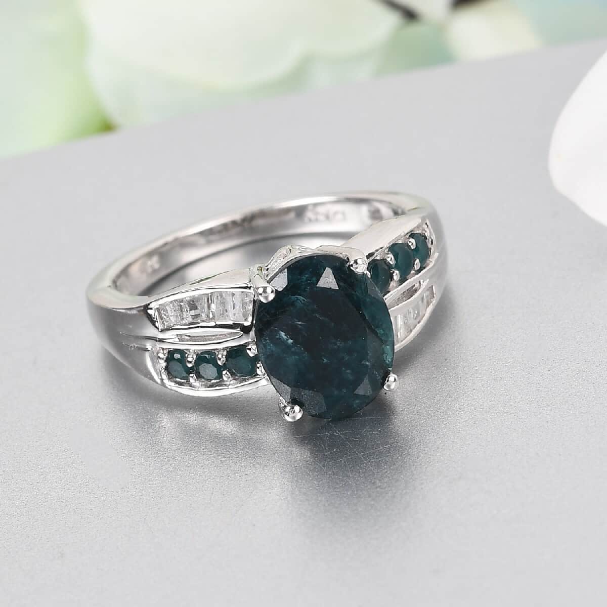 Teal Grandidierite and Diamond Ring in Platinum Over Sterling Silver (Size 7.0) 3.20 ctw image number 1
